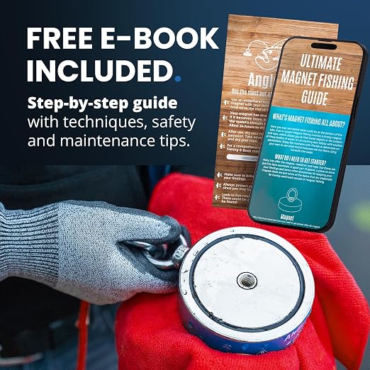 AnglerMag Magnet Fishing Kit - 2600 lbs Double Sided Neodymium Magnetic Fishing Stuff with Rope - 10 PCS Extra Strong Complete Gift Set with eBook, Carabiner, Gloves, Grappling Hook & Carrying Bag
