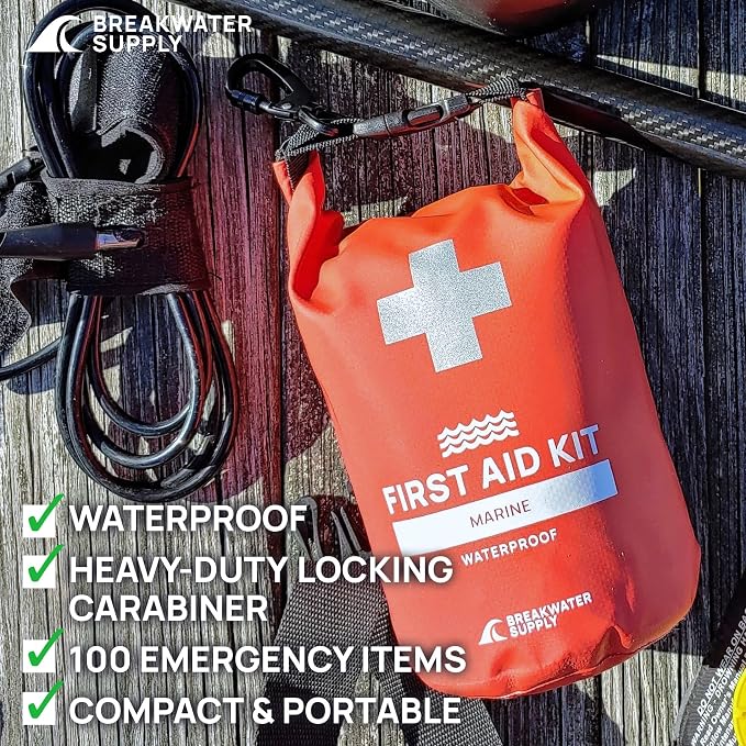 Breakwater Supply Waterproof Marine First Aid Kit for Boat, 100 Piece, Red | Boat Safety Tool Kit, AFAK Emergency Supplies in Dry Bag, IFAK Trauma Kit, for Kayaking, Jet Ski, Fishing, Surfing, Sailing
