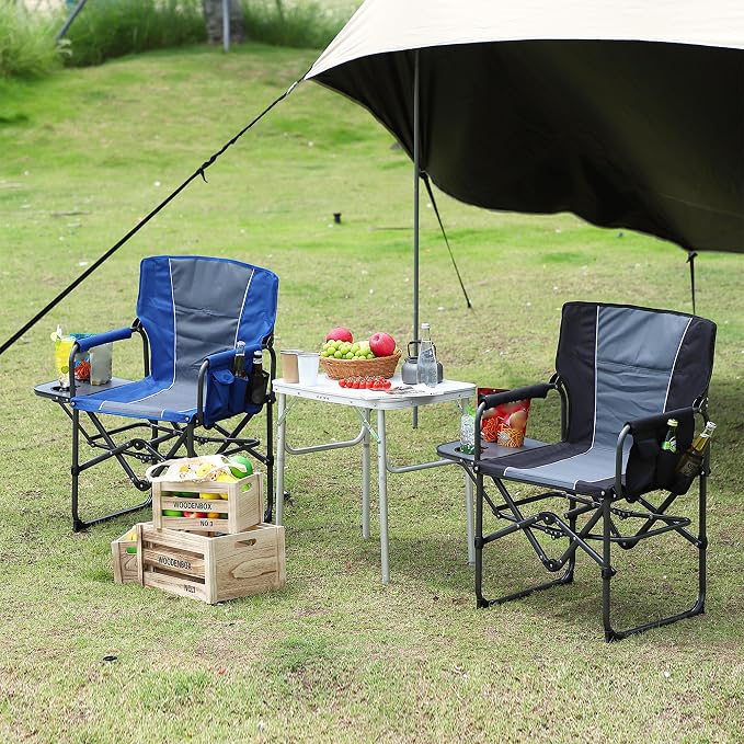 Oversized Camping Directors Chair, Portable Folding Lawn Chairs for Adults Heavy Duty with Side Table, Outdoor Foldable Camp Chair with Pocket for Beach, Fishing,Picnic (2, Blue/Grey, Oversized)