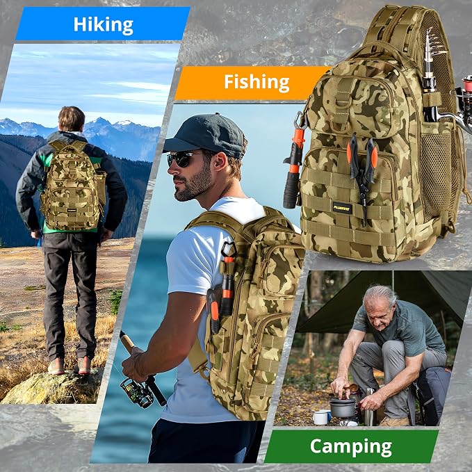 PLUSINNO Fishing Backpack with Tackle Boxes, Waterproof Sling Tackle Bag For Fishing Gear With Rod Holder, Fish Gifts for Men With Fish lures, Fish pliers.