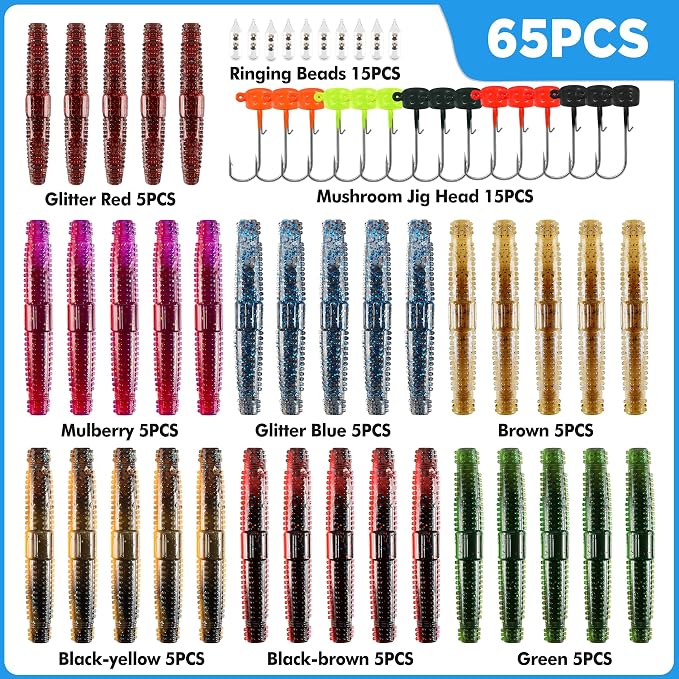 PLUSINNO Wacky Worm Fishing Lure Kit, Soft Plastic Fishing Lures, Grub Baits Hook Wacky Rig Bass Trout Fishing Worms Lures w/Tackle Box