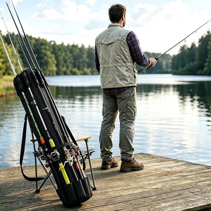 AGOOL Fishing Pole Bag with Rod Holder Fishing Rod Bag, 5 Rod & Reel Organizer Bag Waterproof Large Capacity Fishing Tackle Storage Bag Travel Carry Case Fishing Gifts for Men
