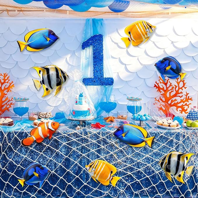 Silipull 11 pcs Tropical Fish Party Decorations Kit Fishing Net Cute Cardstock Photo Prop for Under The Sea Decor Birthday Sea Animal Indoor Outdoor Dessert Table Party Supply