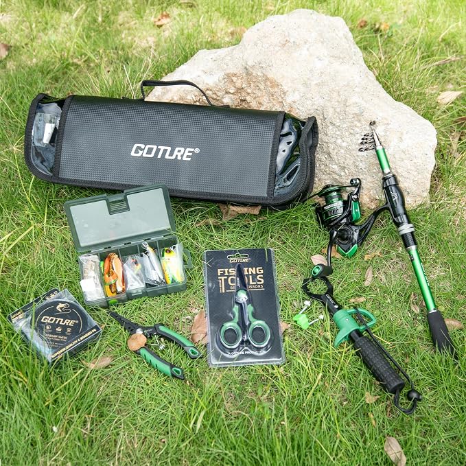 Goture Fishing Poles and Reels Combo - Green Telescoping Fishing Rod Portable Travel Kit with Carrier Bag for Freshwater Saltwater