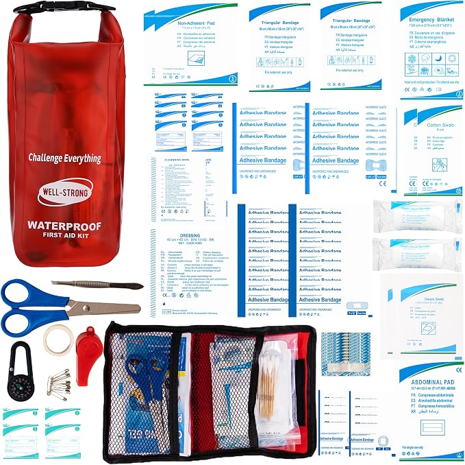 Boat First Aid Kit Waterproof, WELL-STRONG Marine Emergency Kit with Roll Top Dry Bag for Boating Fishing Kayaking – Water-Resistant Contents for Camping & Beach(Transparent Red)