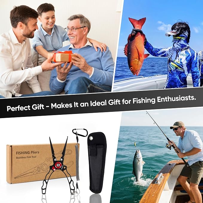 Fishing Pliers with Innovative Ergonomical Handle, Corrosion Saltwater Resistant,Fishing Multitool Hook Remover Braided Fishing Line Cutting, Split Ring with Coiled Lanyard and Sheath