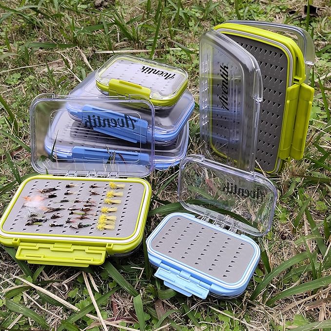 Aventik Waterproof Clear Fly Box Double Sides Floating Lightweight Fly Fishing Case Large Capacity Grip Foam Nymph Wet Dry Flies Lure Box(H18 Green, SIZE B:6.08X4X1.6inch)