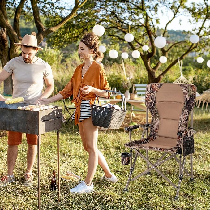 Goplus Folding Camping Chair, 400 LBS Support Lawn Chair w/Armrests with Covers, Cup Holder & Storage Pocket, Adjustable Feet, Portable Camp Chair with Carrying Bag, for Fishing Hunting Picnic