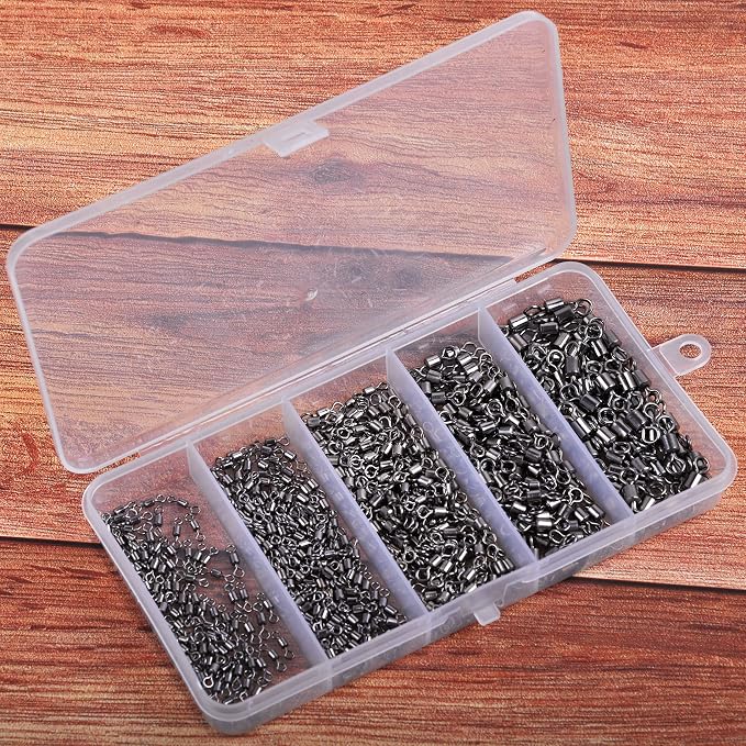 Barrel Fishing Swivels Kit 500pcs Rolling Swivels Fishing Tackle Saltwater Heavy Duty Fishing Line Connectors Black Stainless Steel Bearing Swivels for Saltwater Freshwater 30-97Lbs