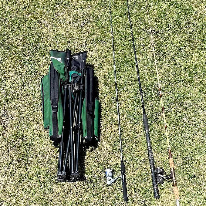 EASYGO PRODUCTS Fishing Chair with Rod Holder – Built in Cooler – Hands Free Fishing Pole Holder - Storage Pouch – Full Size Portable & Folding – Ruler for Measuring Fish, Fishing Chair Green