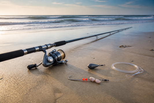 Surf fishing rod and assembled rig positioned on a sandy beach beside breaking waves
