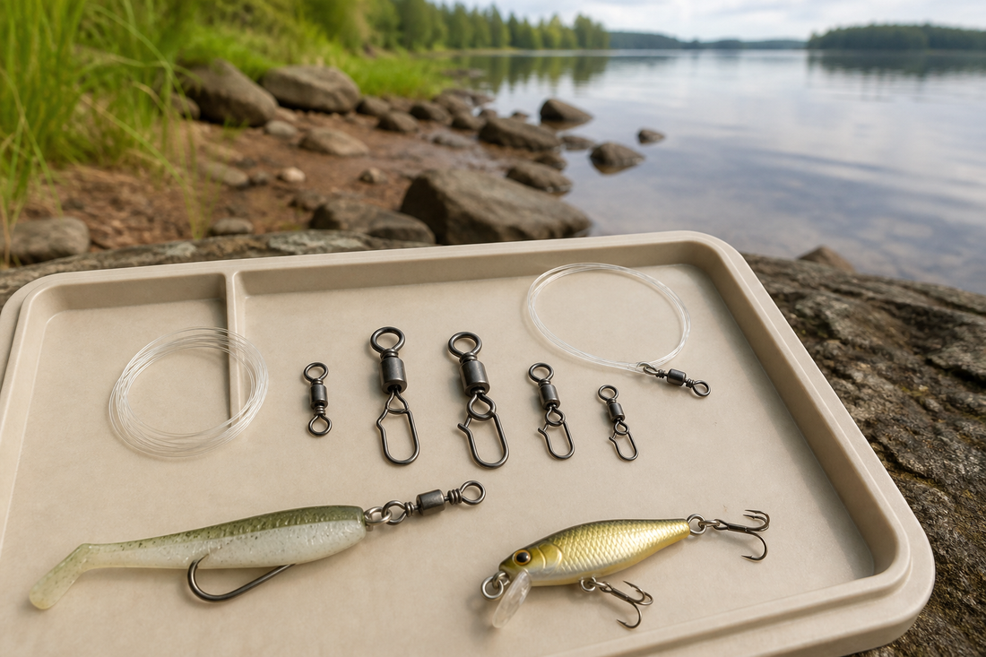 Fishing snap swivels in several sizes arranged with fishing line, a leader, and small lures on a tackle tray beside calm water