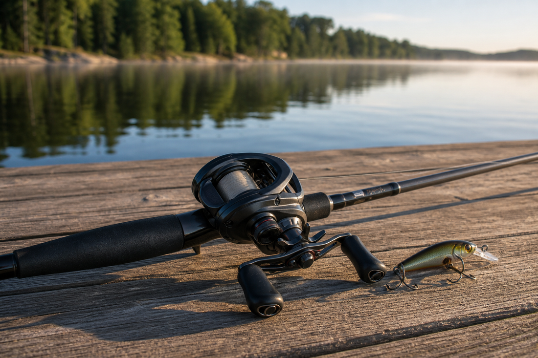 Baitcasting reel mounted on a rod with evenly loaded line and a manageable lure beside it on a dock