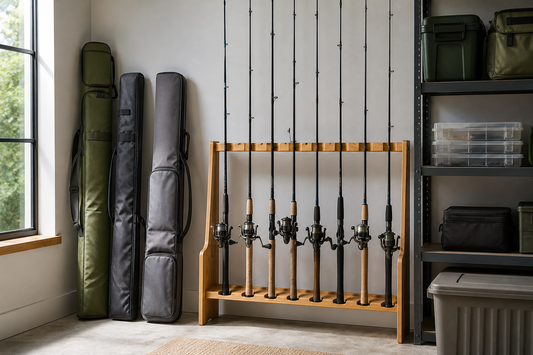 Fishing rods organized vertically on a home rack with protective cases nearby