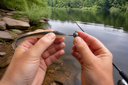 Angler aligning a soft plastic swimbait with a jig head before rigging beside a freshwater lake