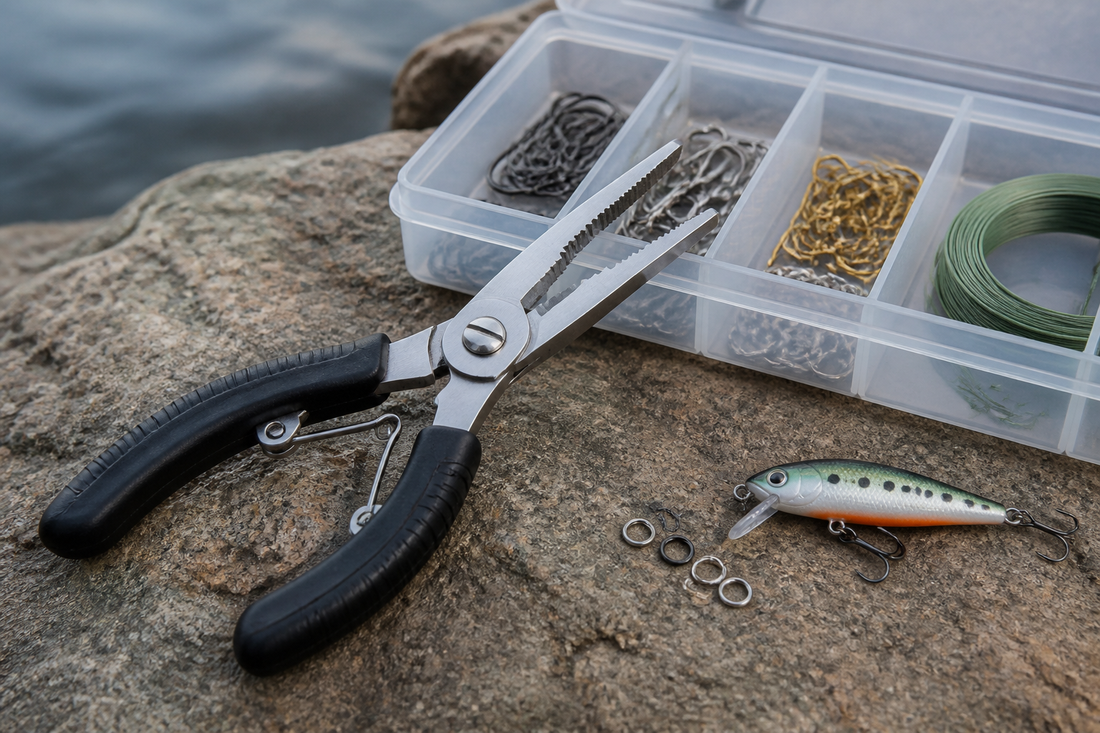 Fishing pliers arranged with hooks, split rings, fishing line, and a lure beside a tackle box
