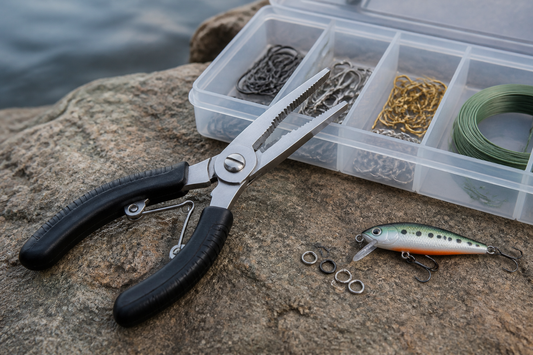 Fishing pliers arranged with hooks, split rings, fishing line, and a lure beside a tackle box