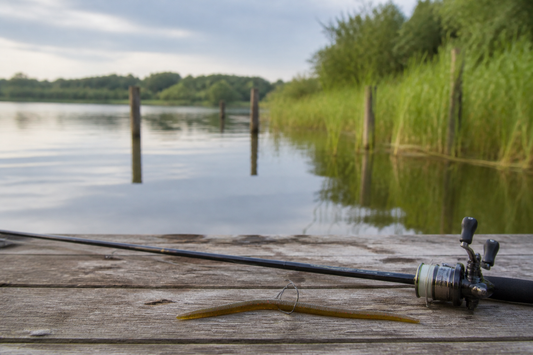 Wacky-rigged soft stick worm and bass rod positioned toward shoreline cover