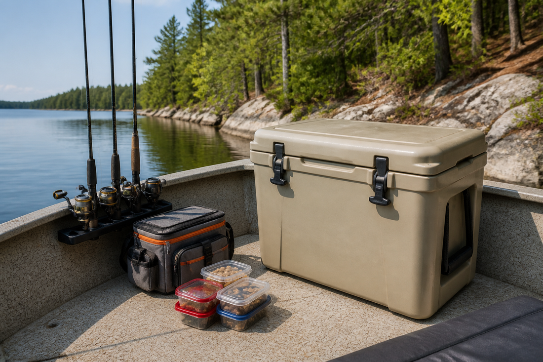Fishing cooler positioned on a small boat deck with rods and limited surrounding space