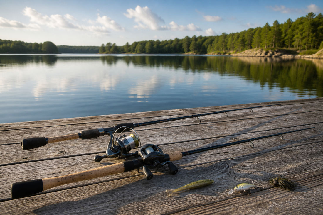 Spinning and baitcasting fishing rods arranged to compare different power and action choices beside a lake