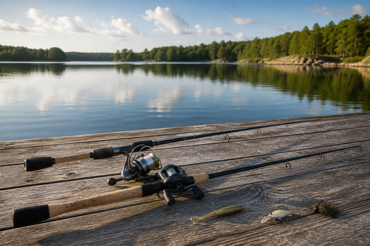 Spinning and baitcasting fishing rods arranged to compare different power and action choices beside a lake