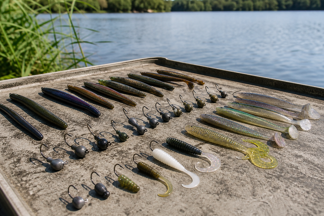 Assorted jig head styles, sizes, and soft plastic baits arranged for comparison beside a freshwater shoreline