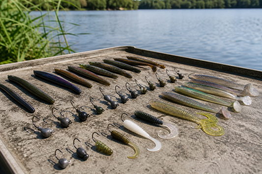 Assorted jig head styles, sizes, and soft plastic baits arranged for comparison beside a freshwater shoreline