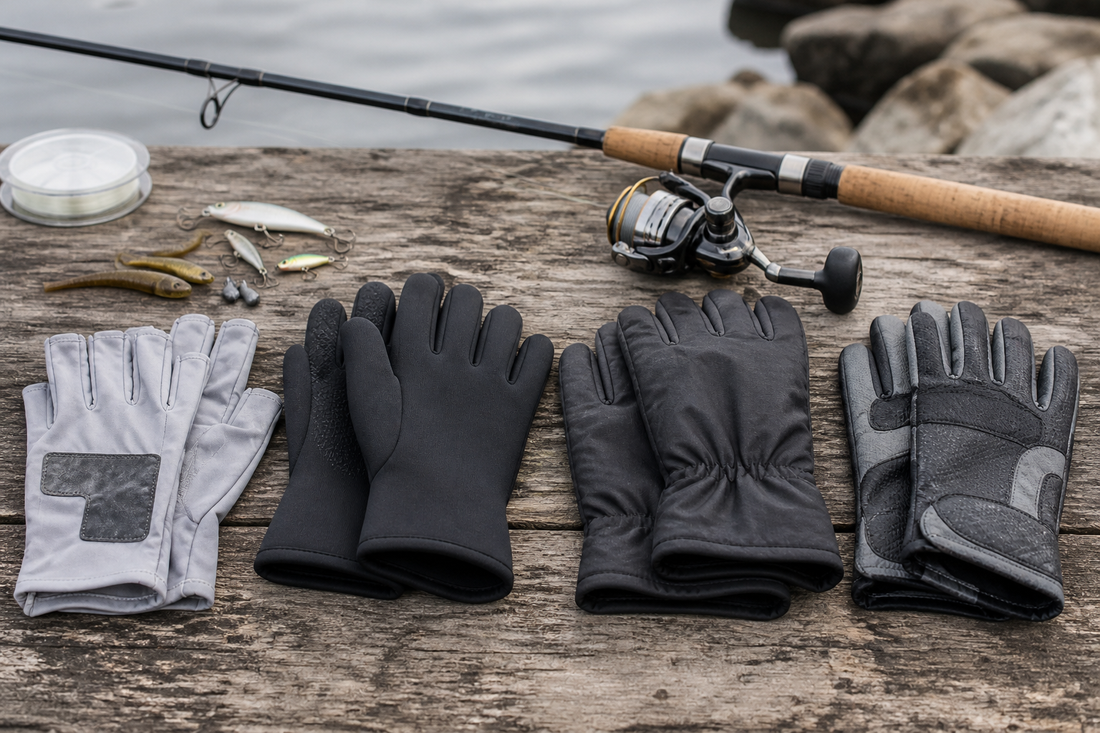Different fishing glove styles arranged with a rod, reel, line, and tackle beside a natural shoreline