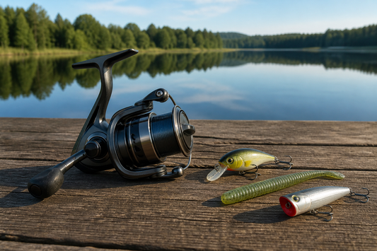 Fishing reel with crankbait, soft plastic, and topwater lures beside a calm lake