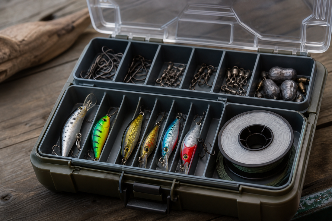 Open fishing tackle box organized with active-use lures, separated terminal tackle, and secured spare line