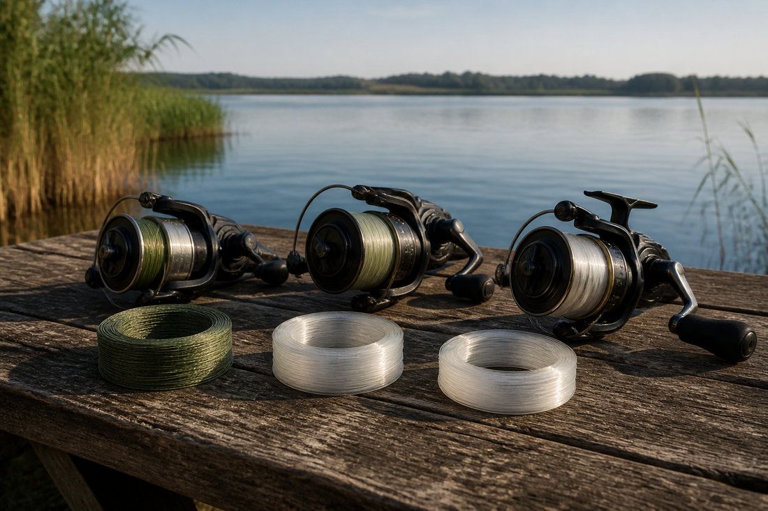 Braided, monofilament, and fluorocarbon fishing lines arranged with reels beside a freshwater shoreline