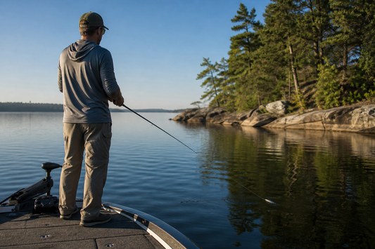 Angler working a jerkbait with the rod tip held low over a calm bass lake