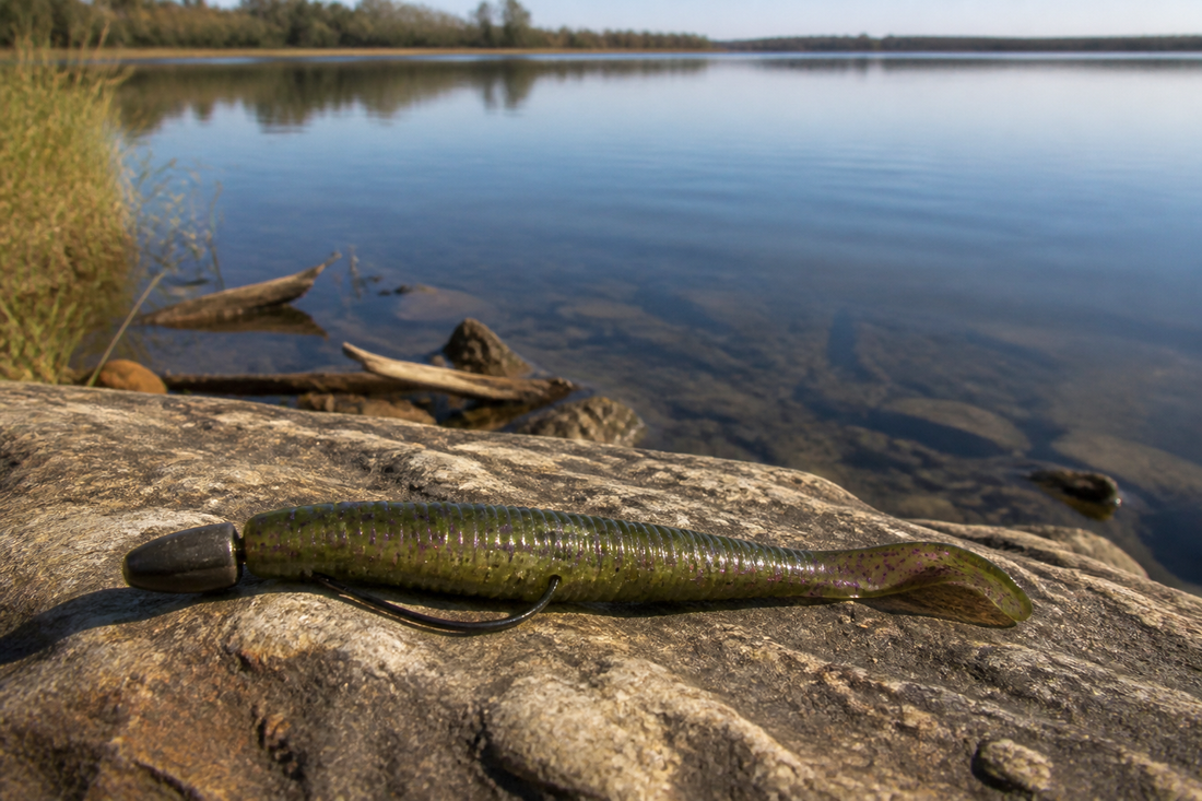 Texas-rigged soft plastic bass bait with a bullet weight and tucked hook point displayed beside grass, wood, and open freshwater cover