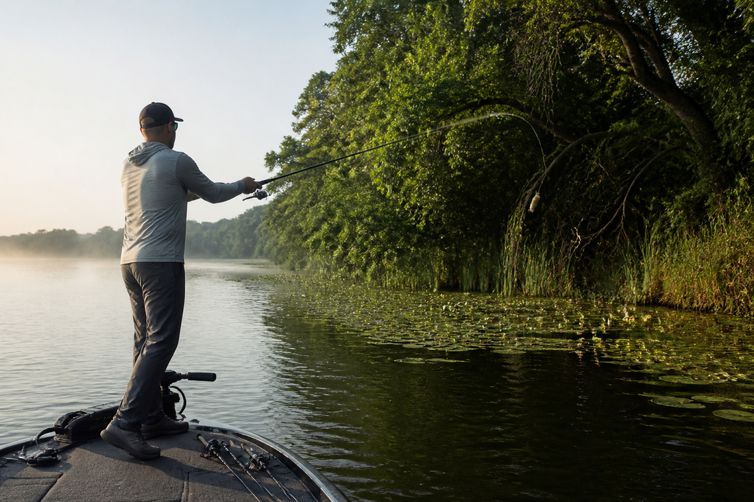 Angler casting a topwater lure toward a freshwater weed edge in changing surface conditions