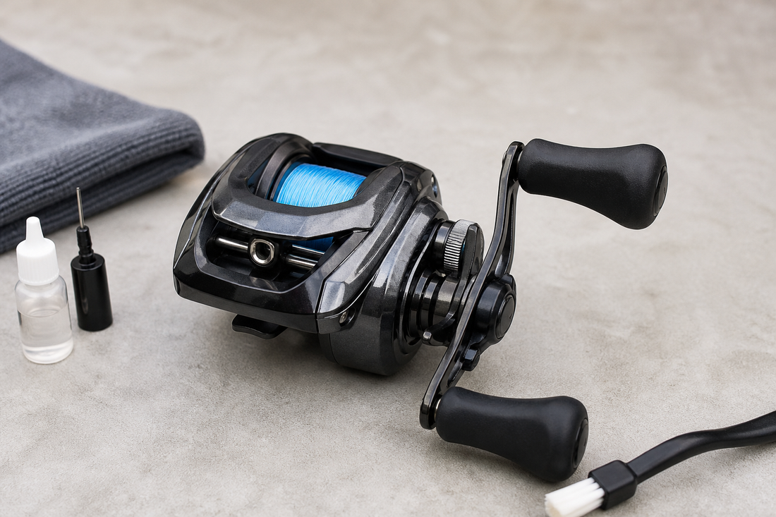 Baitcasting reel undergoing a careful external inspection for grinding, spool resistance, and line-guide problems