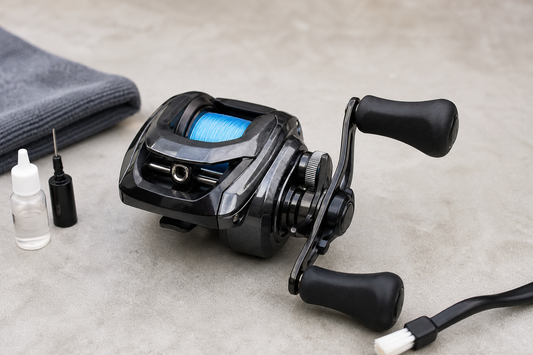 Baitcasting reel undergoing a careful external inspection for grinding, spool resistance, and line-guide problems