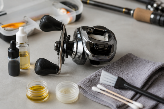 Baitcasting reel with cleaning and lubrication supplies arranged on a maintenance work surface