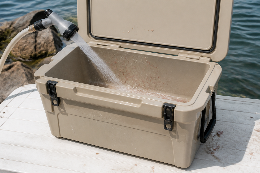 Open fishing cooler being rinsed after fish, bait, ice, and loose scales have been removed