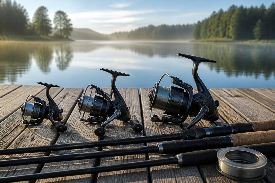 Small, mid-size, and large spinning reels arranged beside fishing rods for a size comparison