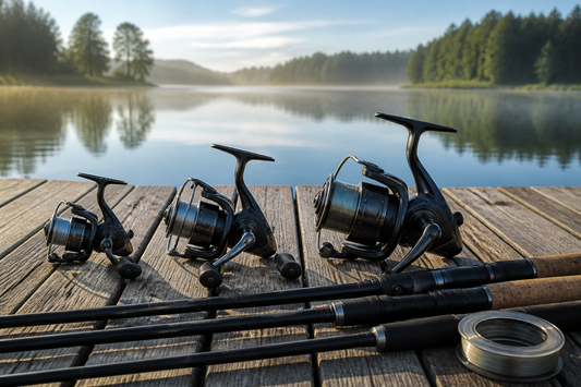 Small, mid-size, and large spinning reels arranged beside fishing rods for a size comparison