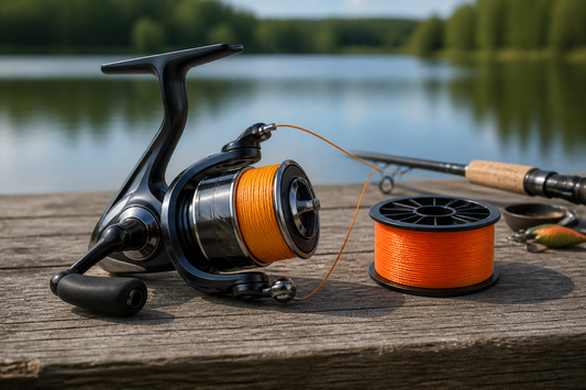 Braided fishing line being loaded onto a spinning reel beside a rod and tackle
