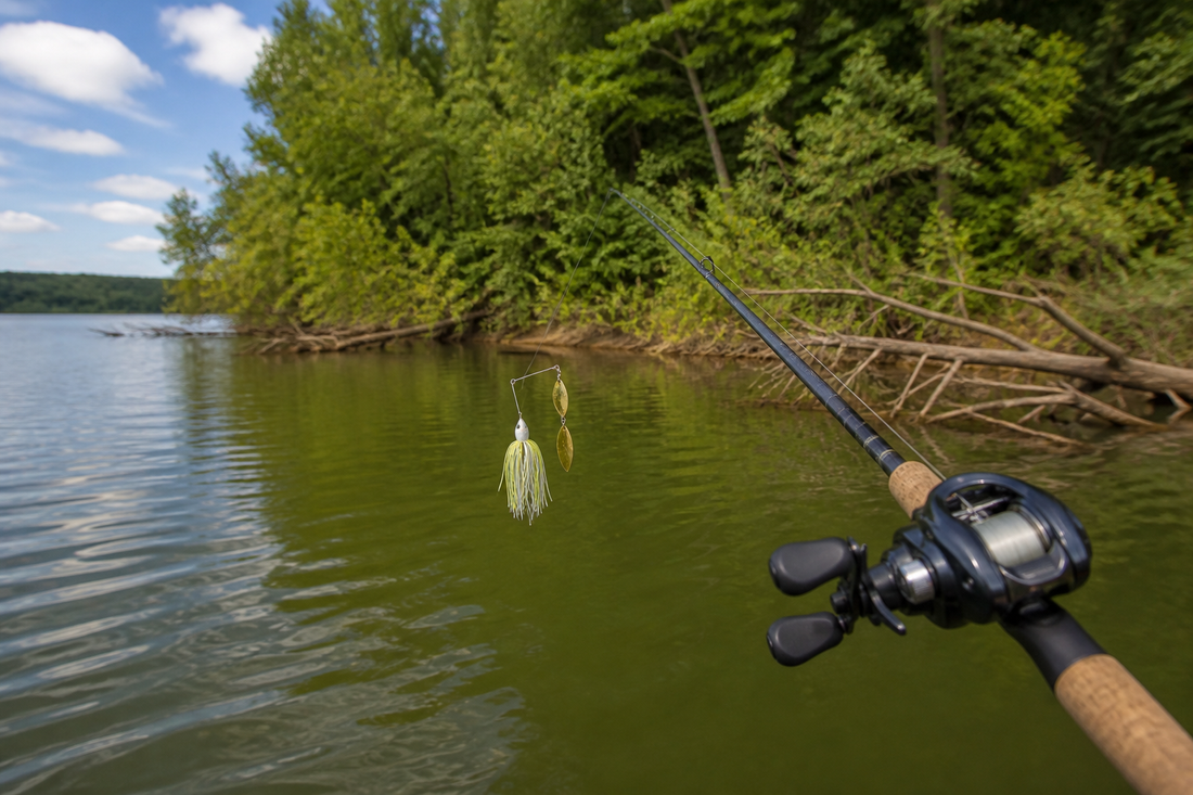 Angler casting a spinnerbait toward shoreline cover on a freshwater bass lake
