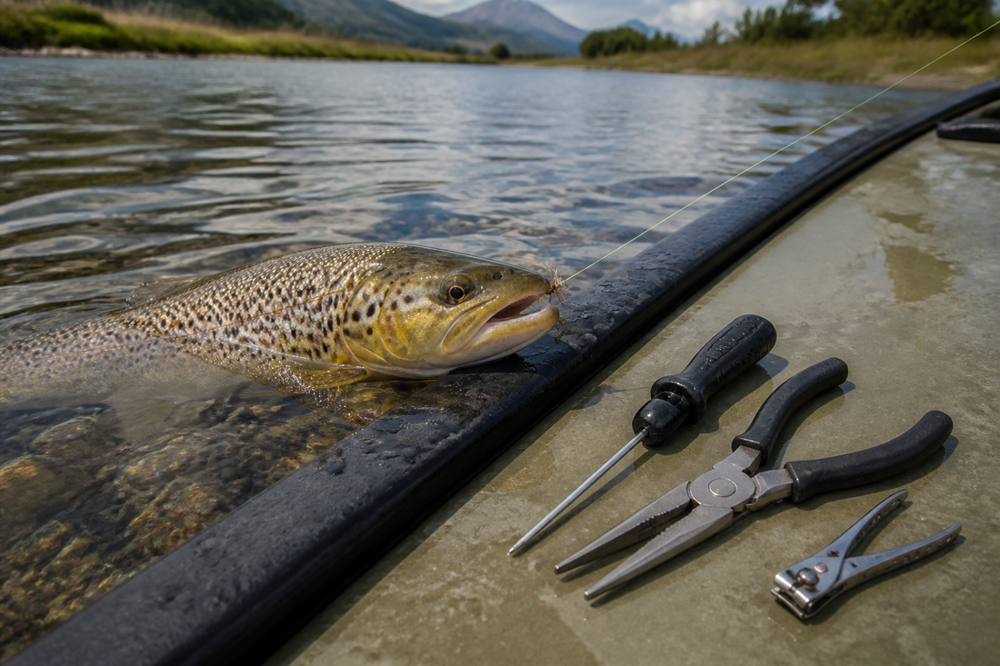 Deep-hooked fish supported in shallow water beside prepared hook-removal tools