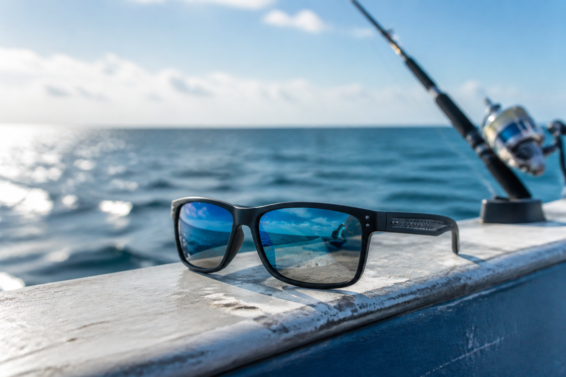 Polarized fishing sunglasses on a boat rail overlooking bright open water with reflected glare