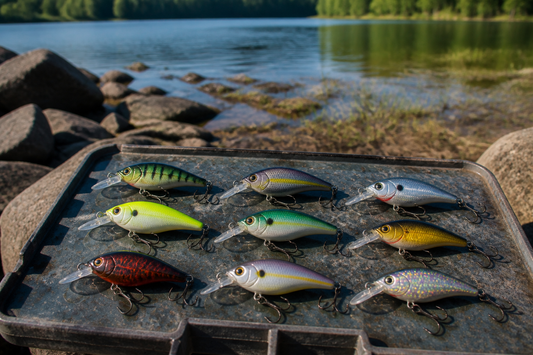 Assorted crankbaits arranged beside a calm lake with rocky and vegetated shoreline