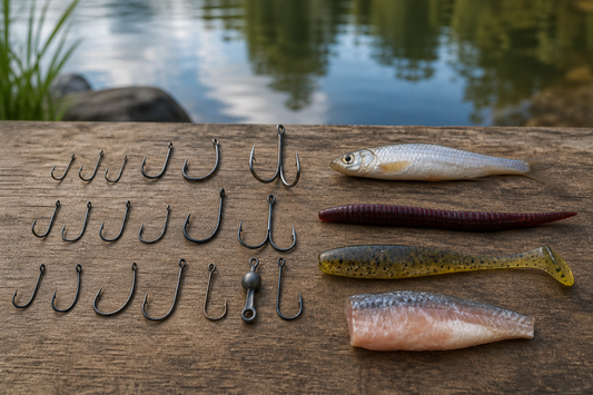 Fishing hooks in different sizes and styles arranged beside live bait, soft plastics, and cut bait
