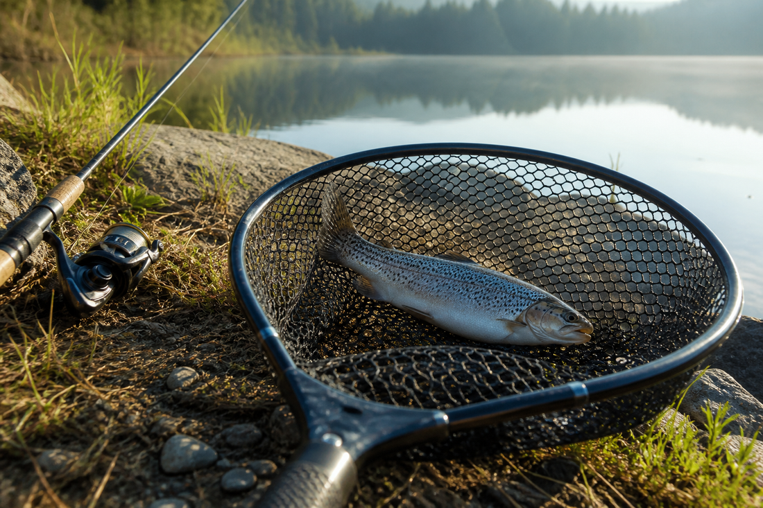 Medium freshwater fishing net holding a landed fish beside a lake shoreline