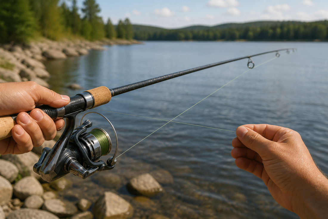 Angler testing fishing reel drag by pulling line from a rod-mounted reel at a modest rod angle
