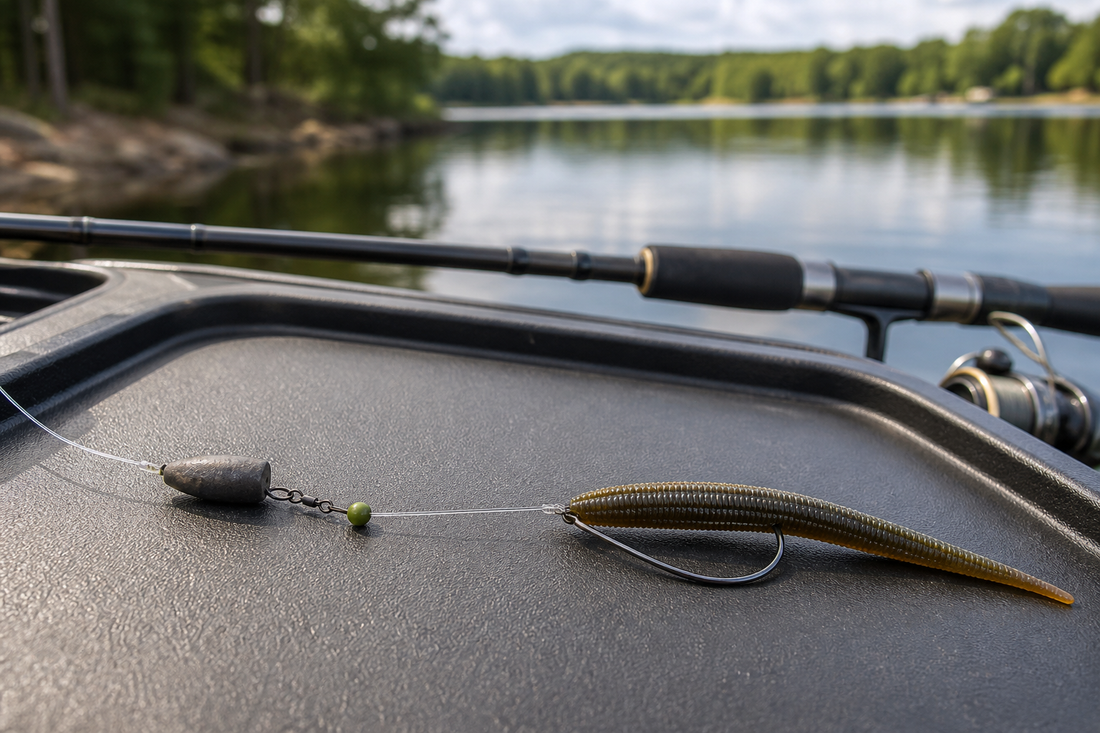 Completed Carolina rig with a sliding weight, bead, swivel, leader, hook, and soft plastic bait arranged beside a bass lake