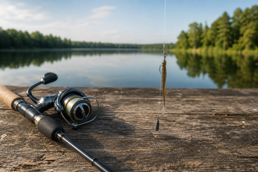 Complete drop shot rig with soft bait, sinker, and bass fishing rod beside a freshwater lake